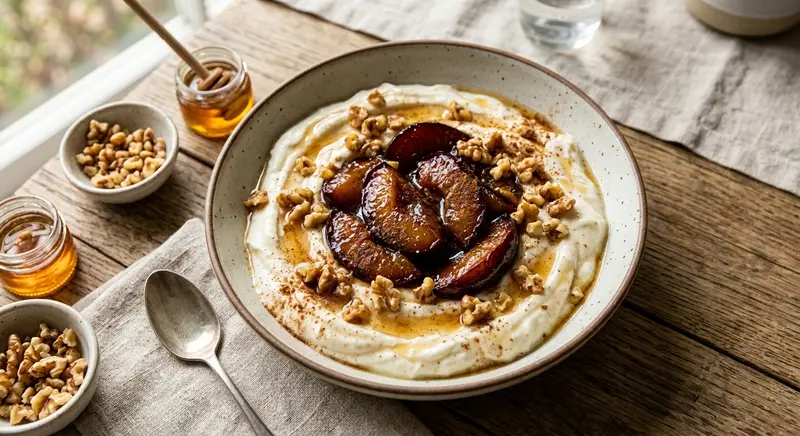 Griekse yoghurt met gebakken pruimen, walnoot en kaneel
