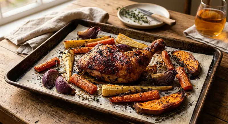 Kippenpoot uit de oven met geroosterde wortel, pastinaak en zoete aardappel