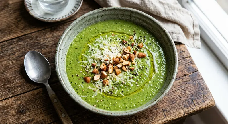 Broccolisoep met oude kaas en geroosterde amandelen