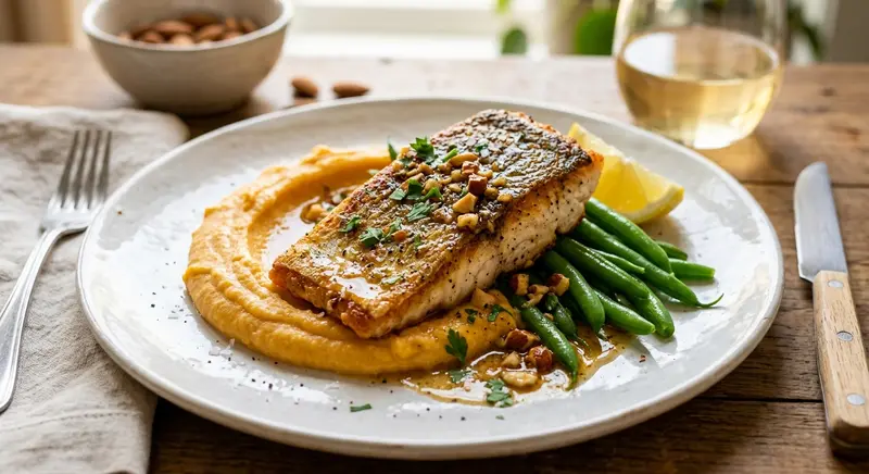 Roodbaarsfilet met amandelboter, sperziebonen en zoete-aardappelpuree