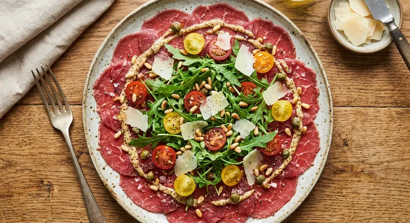 Rundercarpaccio met rucola, cherrytomaat, Parmezaan en pijnboompitten