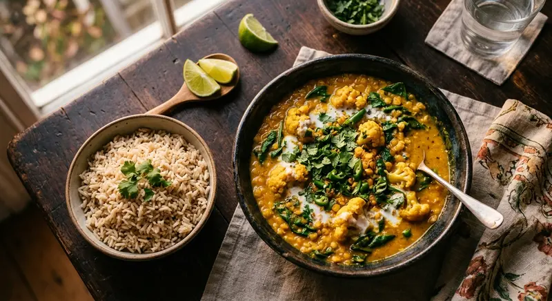 Linzen-bloemkoolcurry met spinazie, kokos en zilvervliesrijst