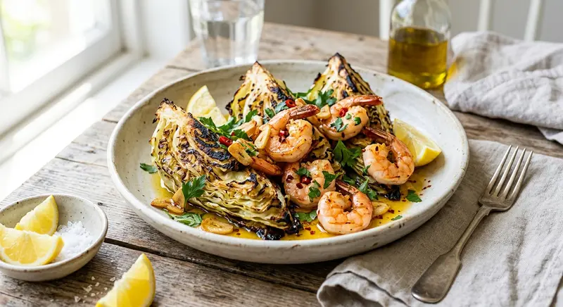Gamba's in knoflookolie met geroosterde spitskool en citroen