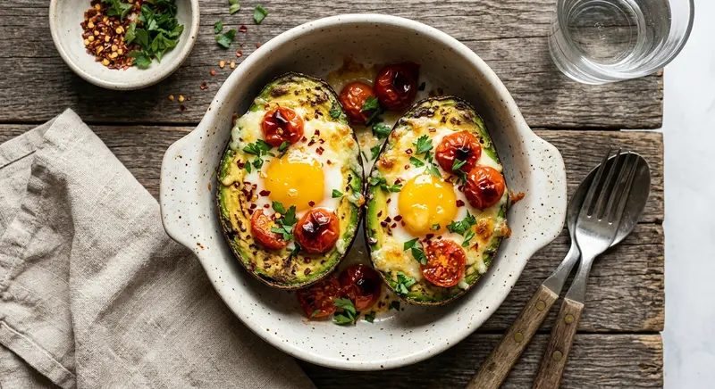 Gevulde avocado uit de oven met ei en Parmezaan