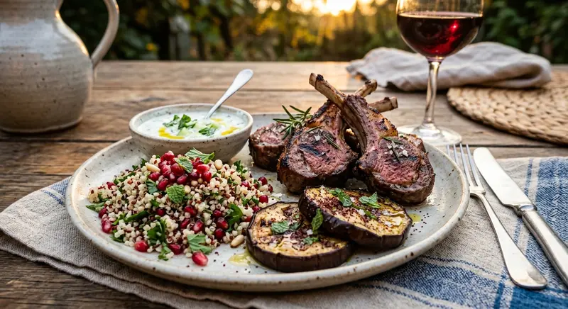 Lamskoteletjes met geroosterde aubergine, muntyoghurt en quinoa