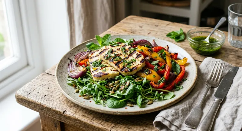 Gegrilde halloumi met geroosterde paprika, rode ui en muntdressing