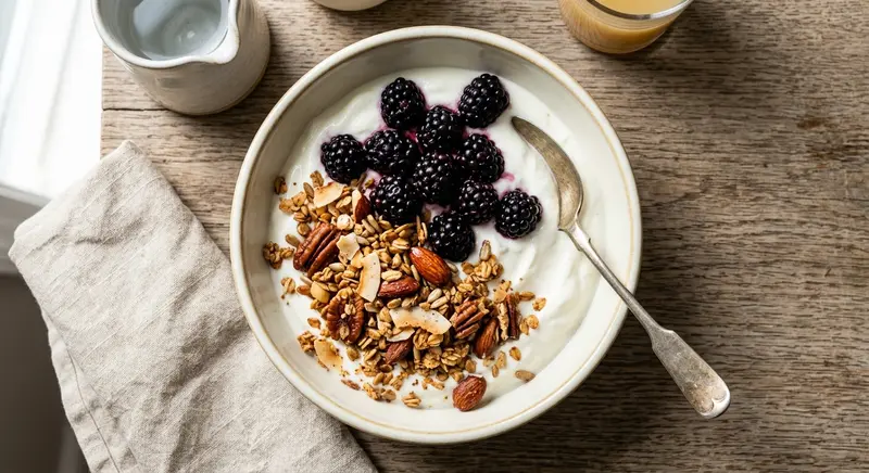 Notengranola uit de pan met skyr en bramen