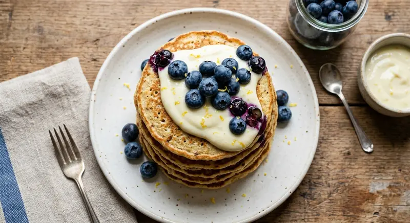 Kokosmeelpannenkoekjes met blauwe bessen en citroenyoghurt