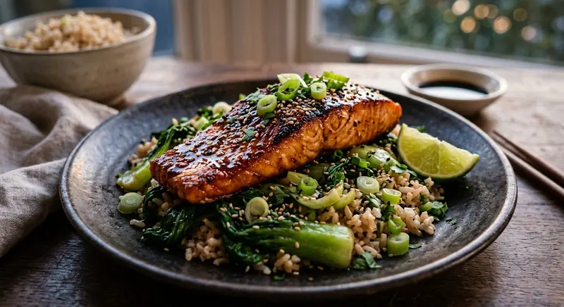 Zalm met tamari-gemberglaze, roergebakken paksoi en zilvervliesrijst