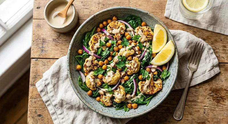 Kikkererwtensalade met geroosterde bloemkool en tahindressing