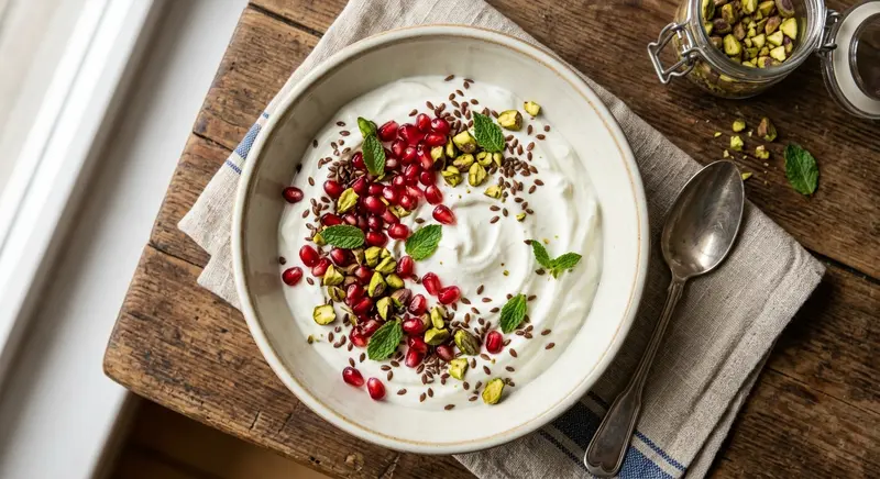 Griekse yoghurt met granaatappel, pistache en munt