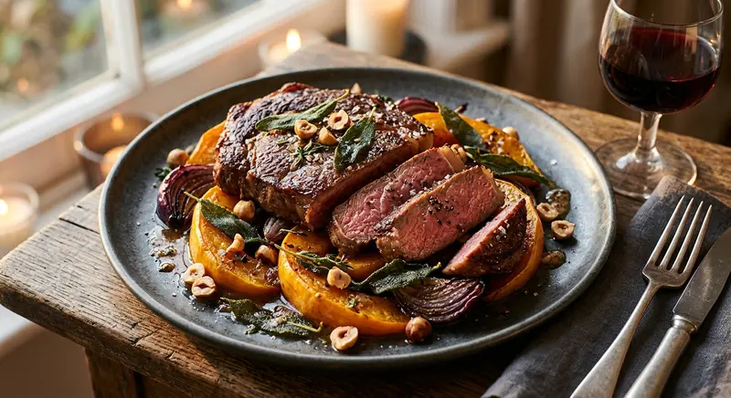Ribeye met geroosterde pompoen, salie en hazelnoot