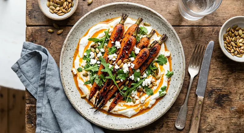 Geroosterde-wortelsalade met harissa-yoghurt, feta en pompoenpitten