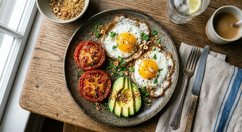 Gebakken eieren met geroosterde tomaat, avocado en hazelnootdukkah