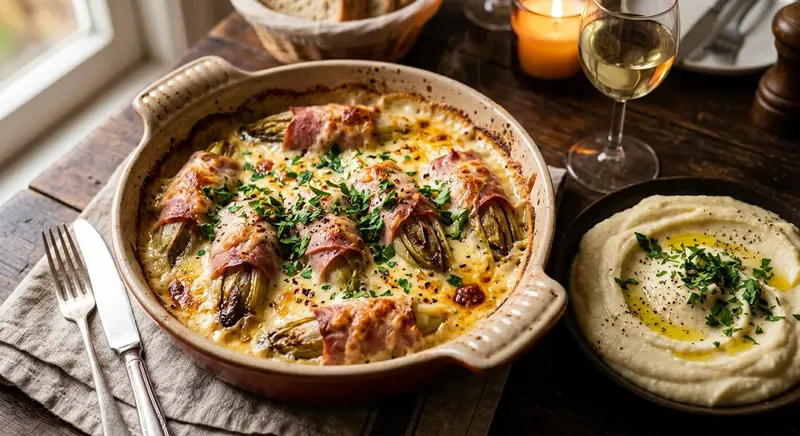 Witlof uit de oven met beenham, kaassaus en knolselderijpuree