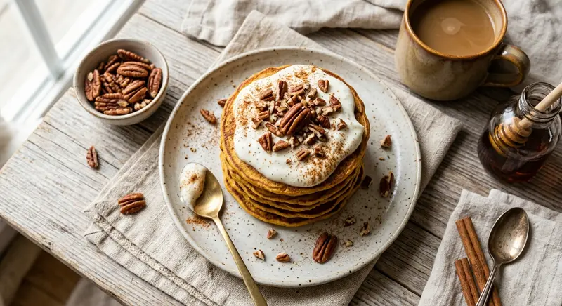 Pompoenpannenkoekjes van amandelmeel met kaneel en kwark